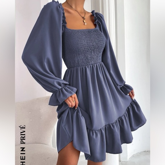 Dresses & Skirts - Shein Square Neck Shirred Bodice Sleeve Ruffle Hem Dress
